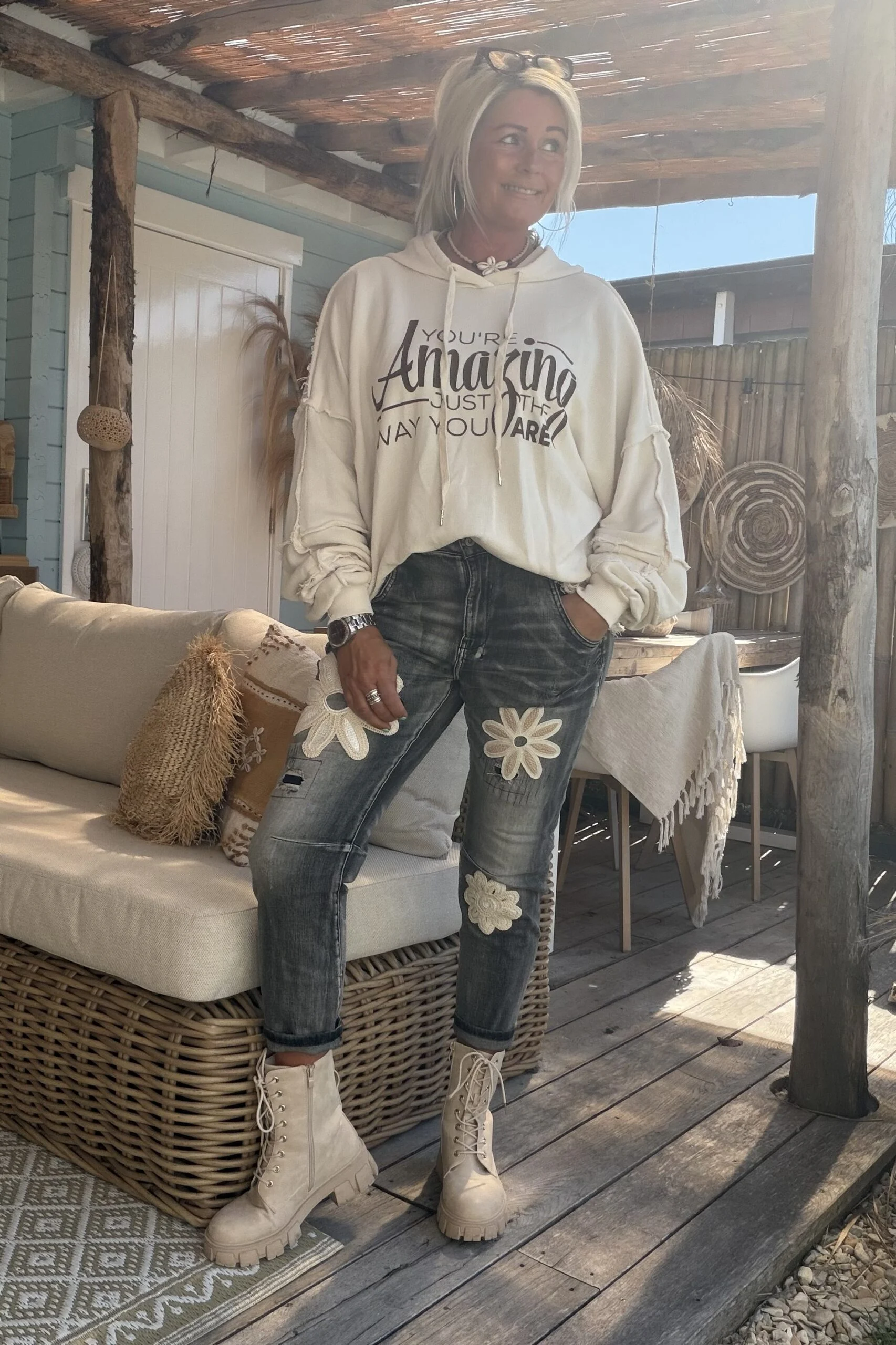 S.Woman Hippie Jeans Jola met Bloemen, Zwartgrijs. - Afbeelding 6
