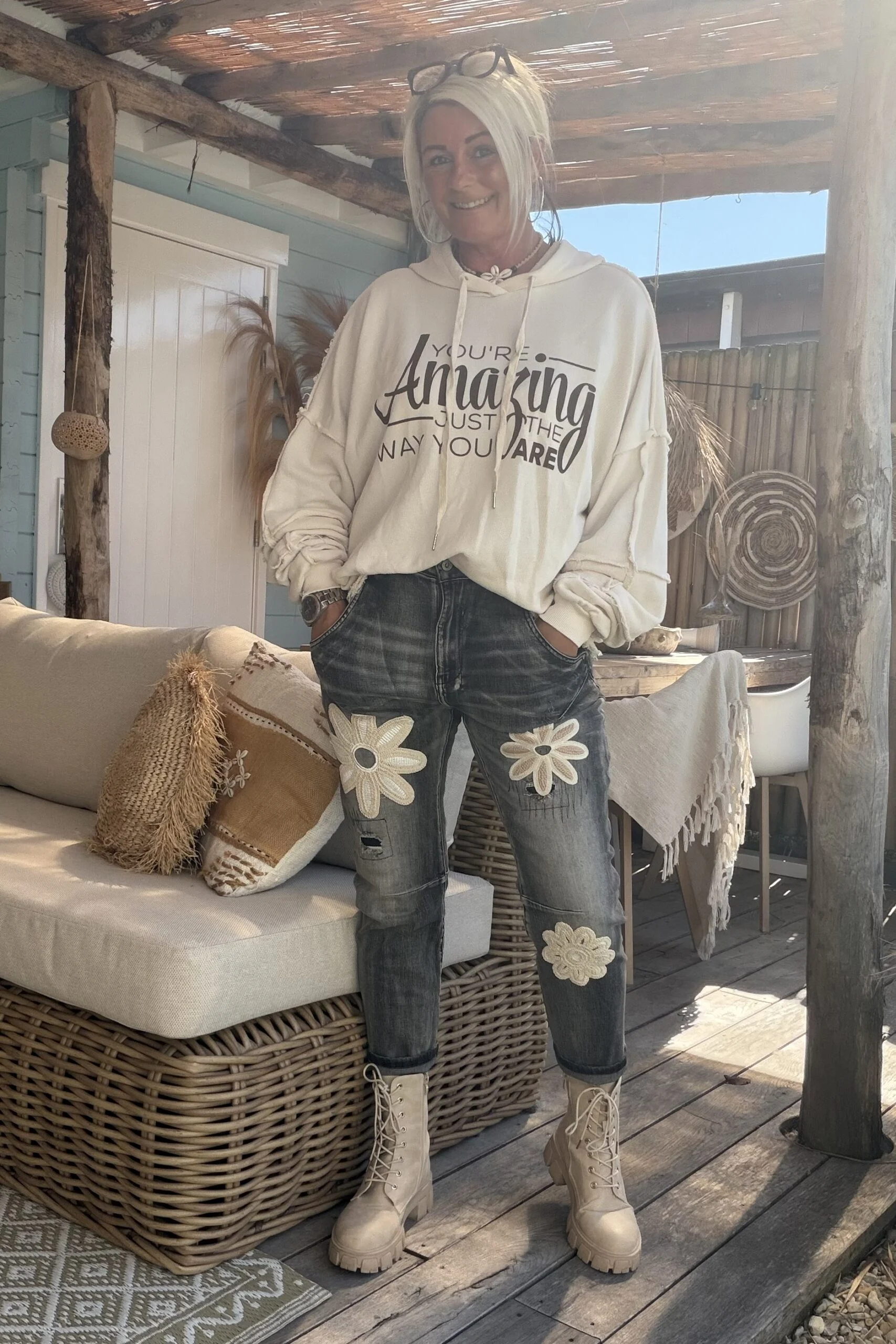 S.Woman Hippie Jeans Jola met Bloemen, Zwartgrijs. - Afbeelding 5