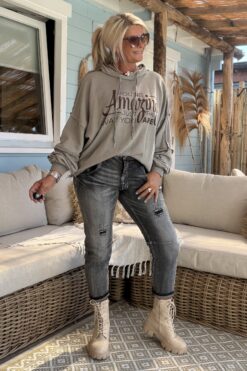 Sweater Amber Amazing met Grafelde Randjes, Taupe Grijs.