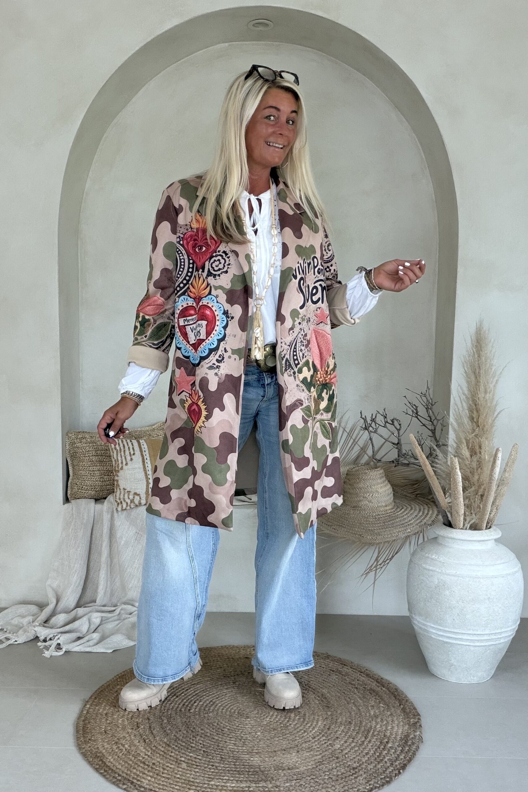 Suedine Long Blazer Bowie, Wild Hearts Camo.