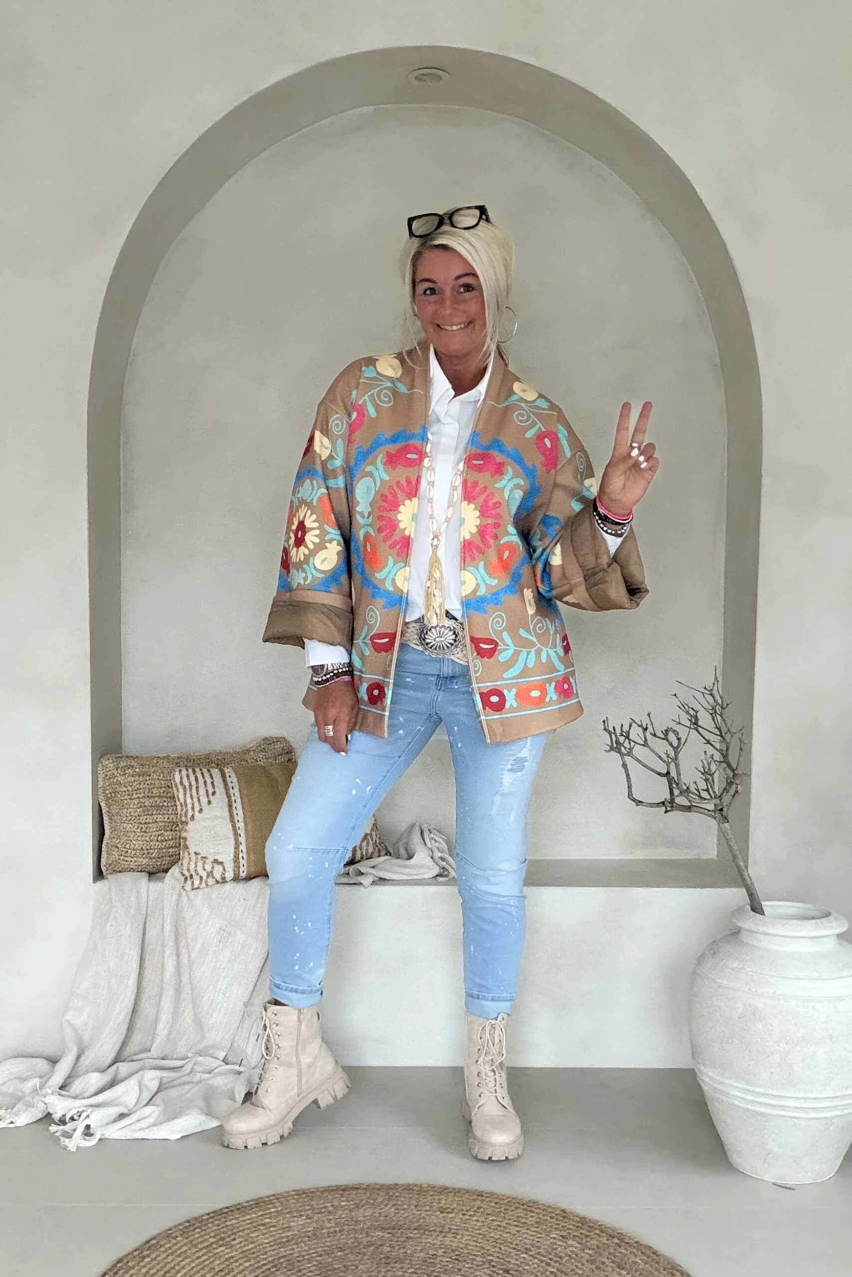 Boho Kimono Jasje Jolijn met vrolijke Print, Camel. - Afbeelding 12