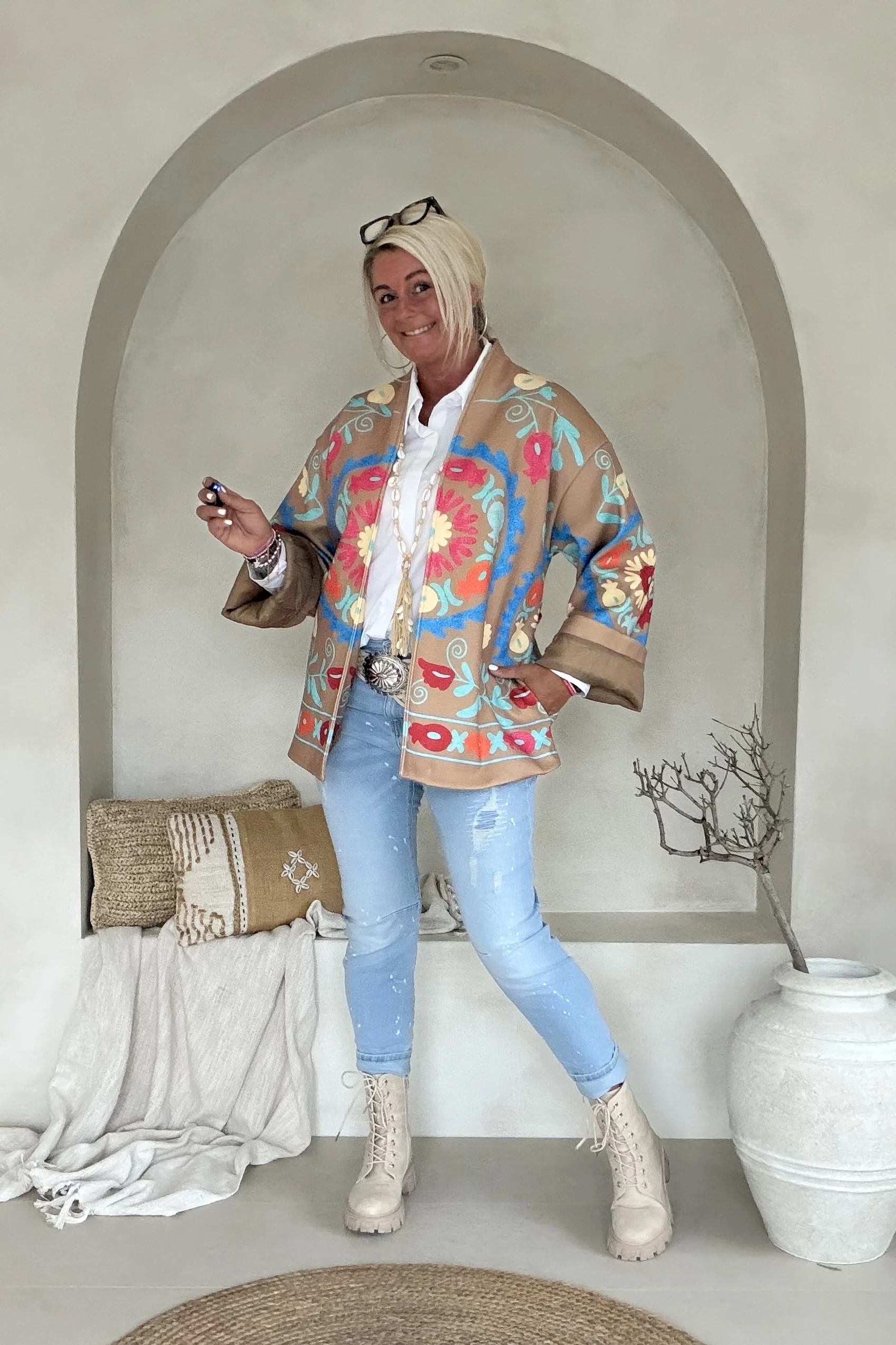 Boho Kimono Jasje Jolijn met vrolijke Print, Camel. - Afbeelding 11