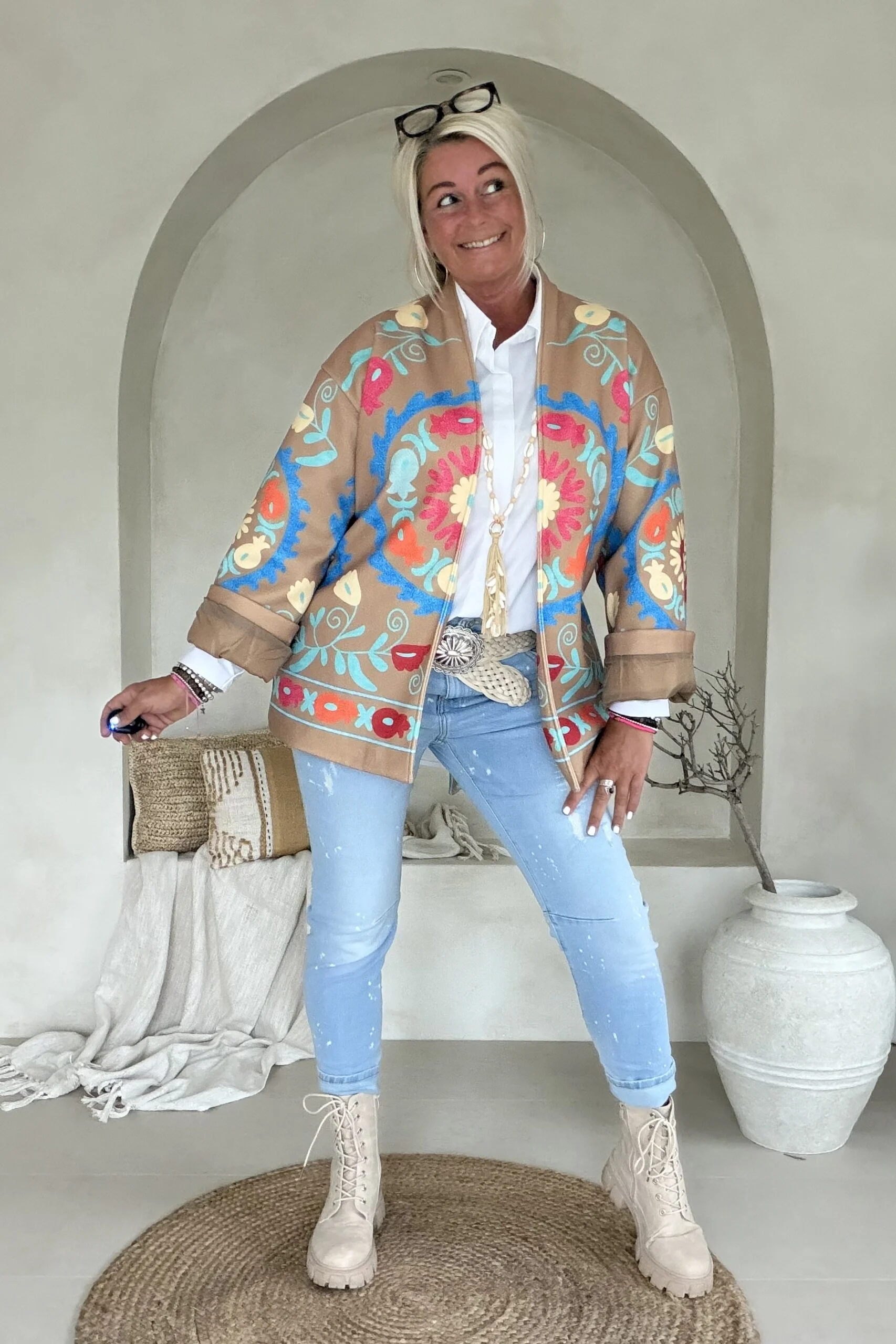 Boho Kimono Jasje Jolijn met vrolijke Print, Camel. - Afbeelding 9