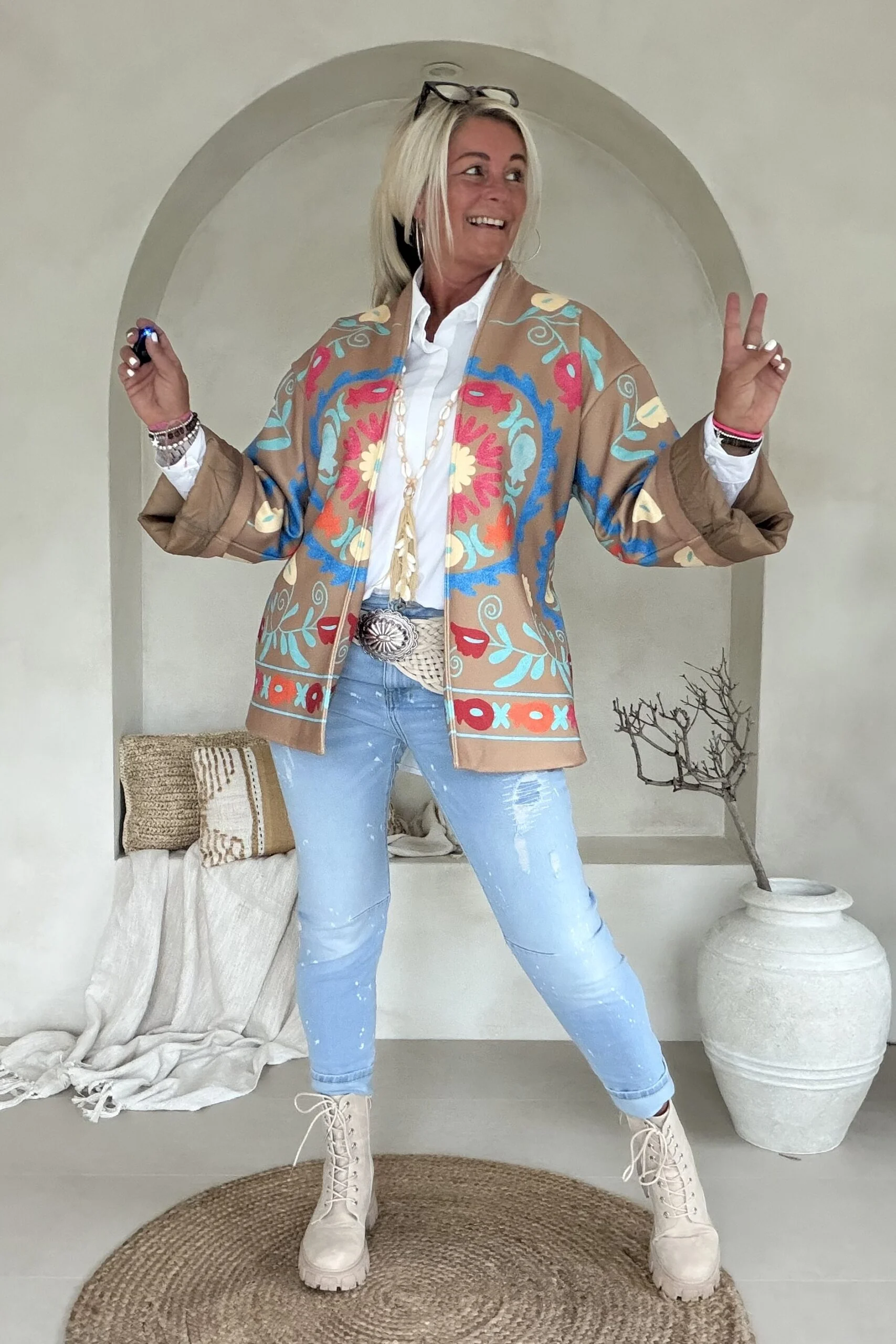 Boho Kimono Jasje Jolijn met vrolijke Print, Camel. - Afbeelding 8