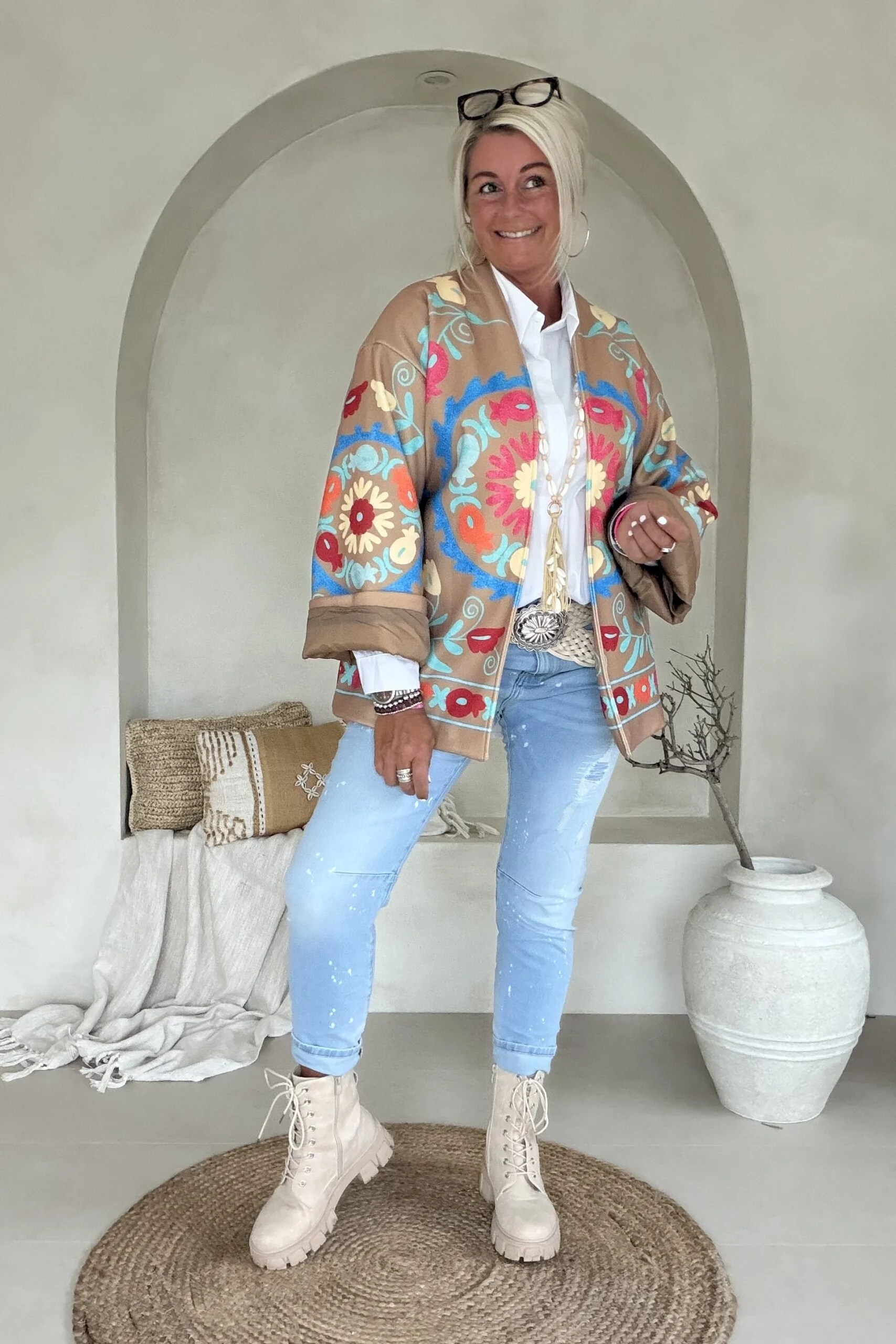 Boho Kimono Jasje Jolijn met vrolijke Print, Camel. - Afbeelding 7