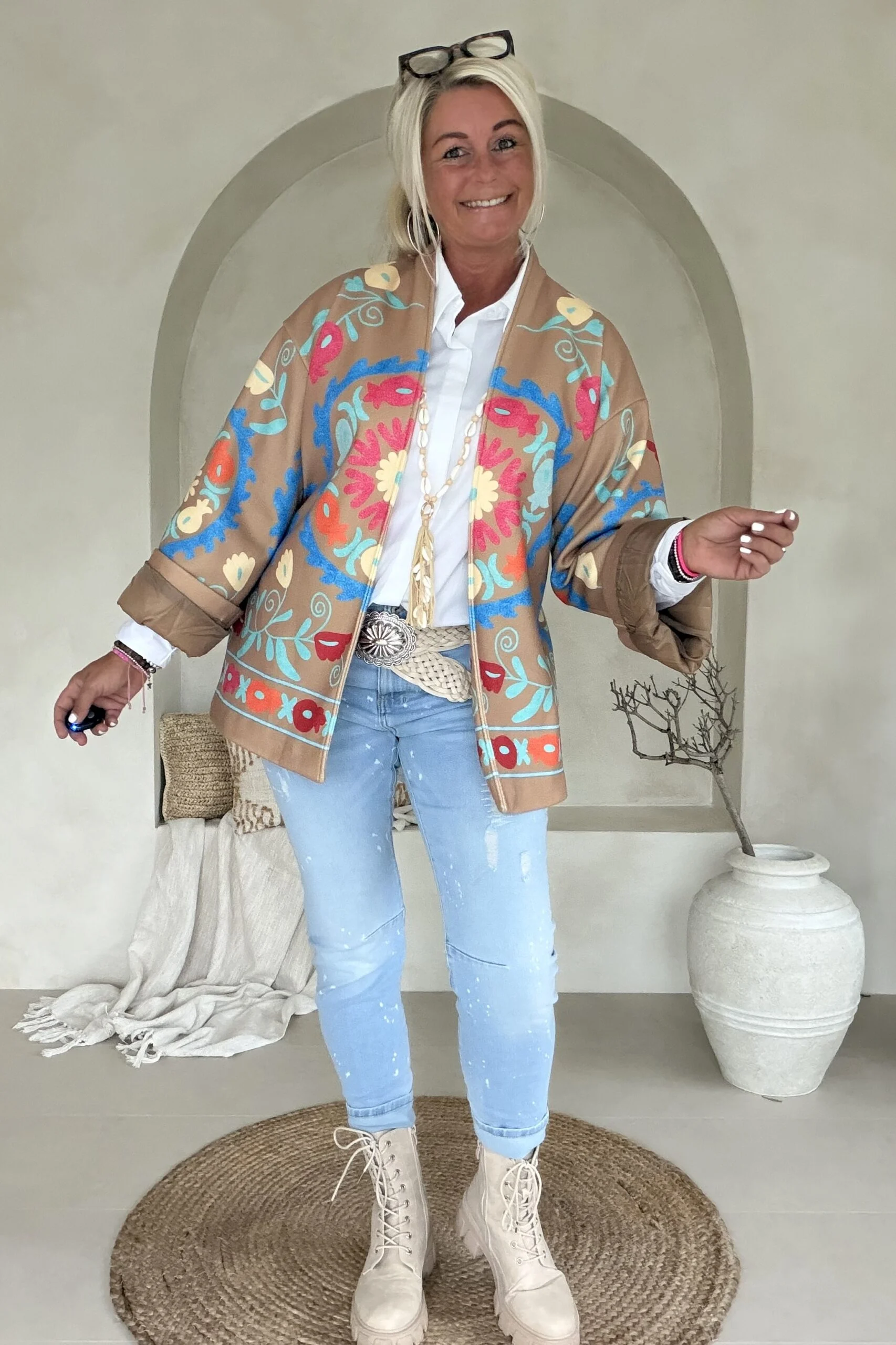 Boho Kimono Jasje Jolijn met vrolijke Print, Camel. - Afbeelding 6