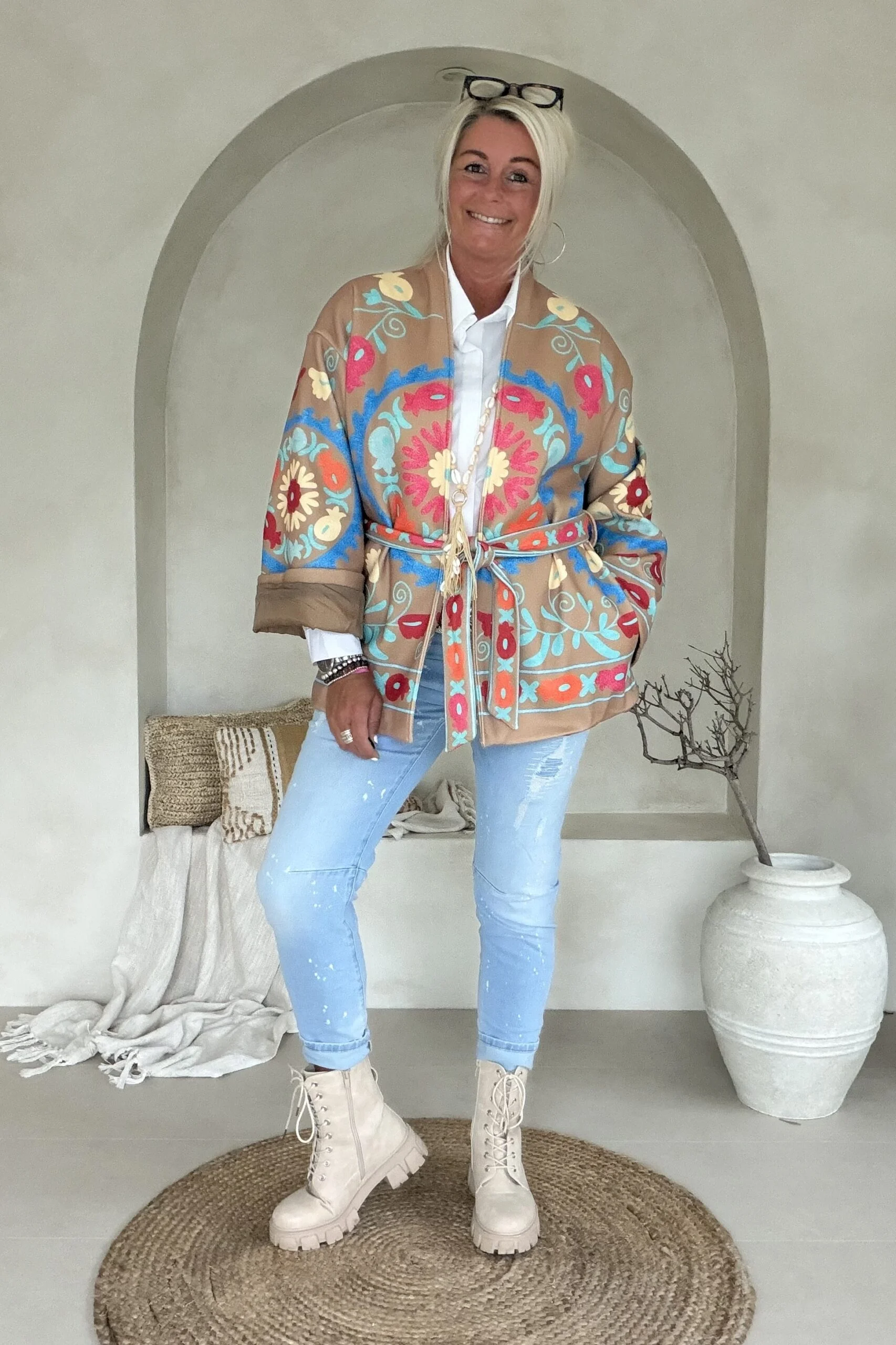 Boho Kimono Jasje Jolijn met vrolijke Print, Camel. - Afbeelding 5