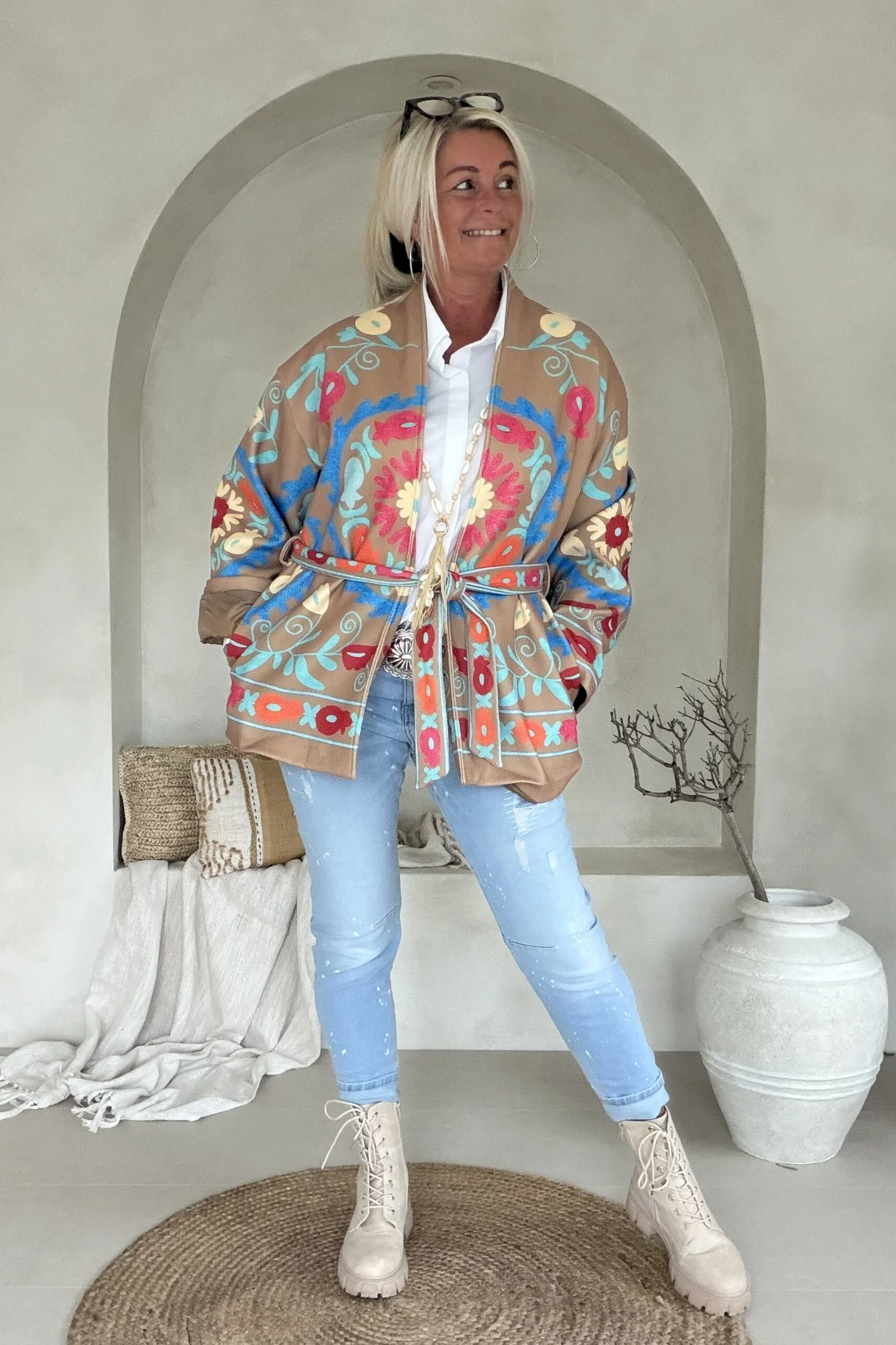 Boho Kimono Jasje Jolijn met vrolijke Print, Camel. - Afbeelding 3