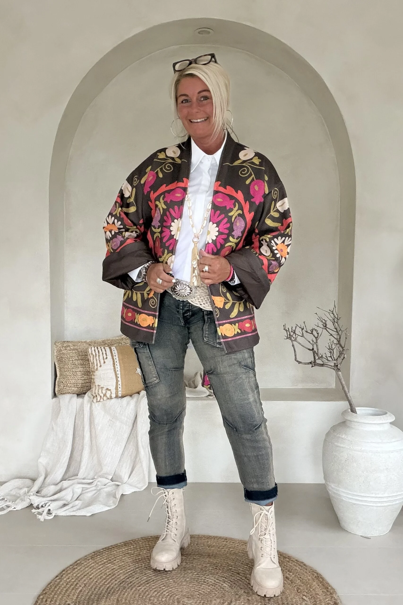 Boho Kimono Jasje Jolijn met vrolijke Print, Bruin. - Afbeelding 12