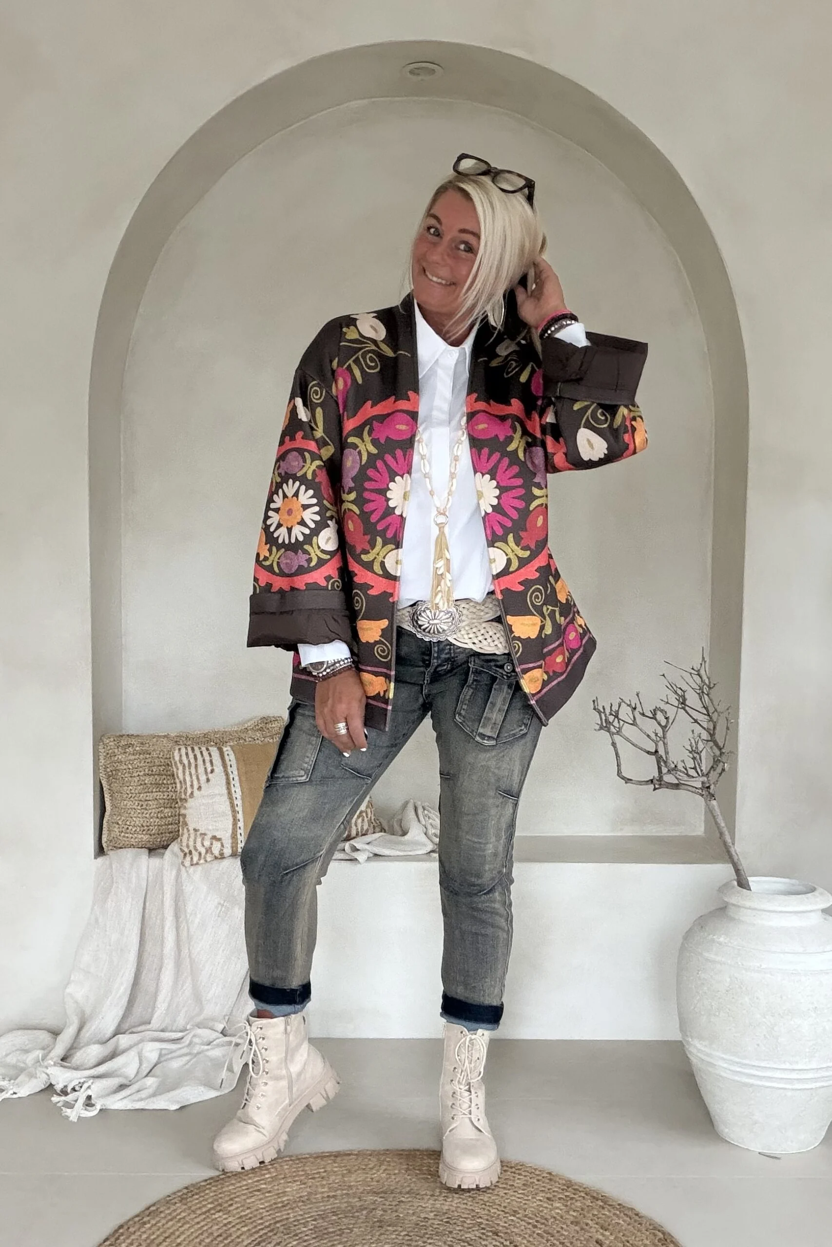 Boho Kimono Jasje Jolijn met vrolijke Print, Bruin. - Afbeelding 9
