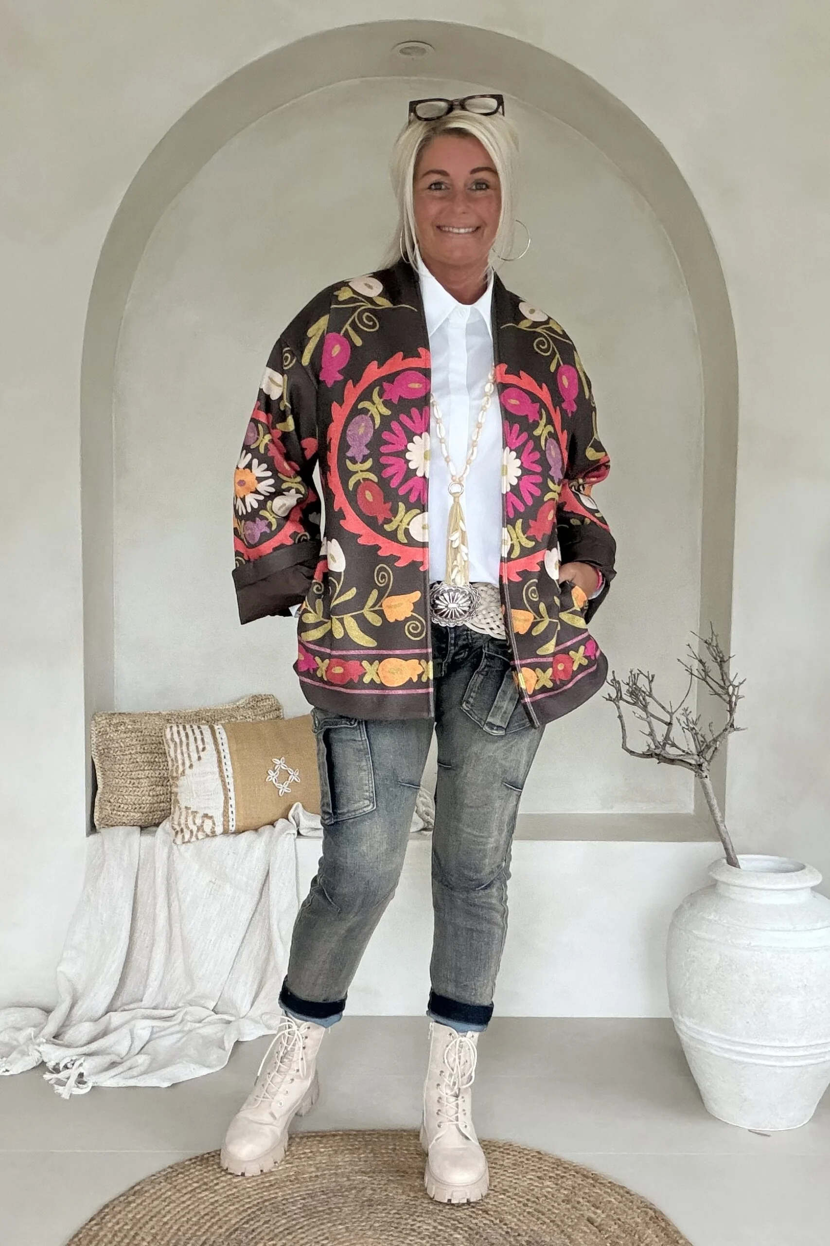 Boho Kimono Jasje Jolijn met vrolijke Print, Bruin. - Afbeelding 6