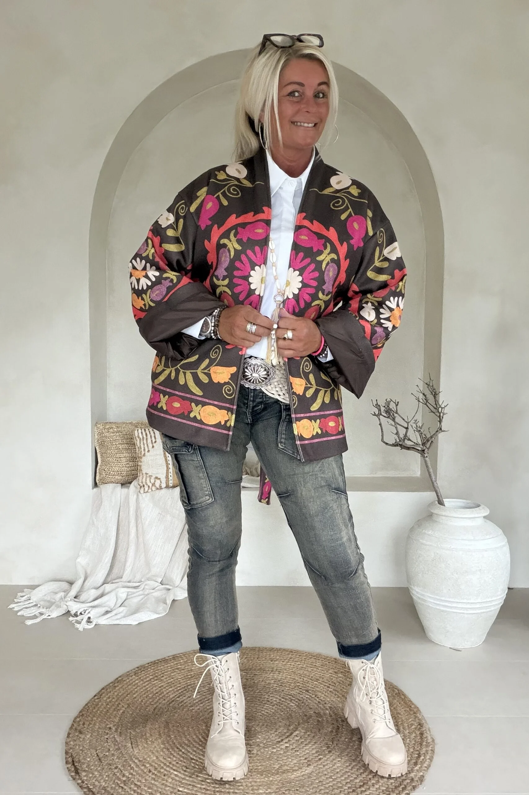 Boho Kimono Jasje Jolijn met vrolijke Print, Bruin. - Afbeelding 5