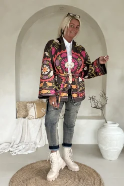 Boho Kimono Jasje Jolijn met vrolijke Print, Bruin.