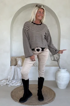 Streep Shirt Sibil met wijde Mouwen, Zwart/Zand.