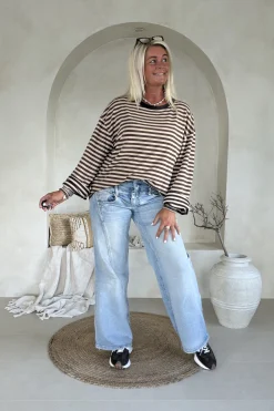 Streep Shirt Sibil met wijde Mouwen, Donkerbruin/Zand.