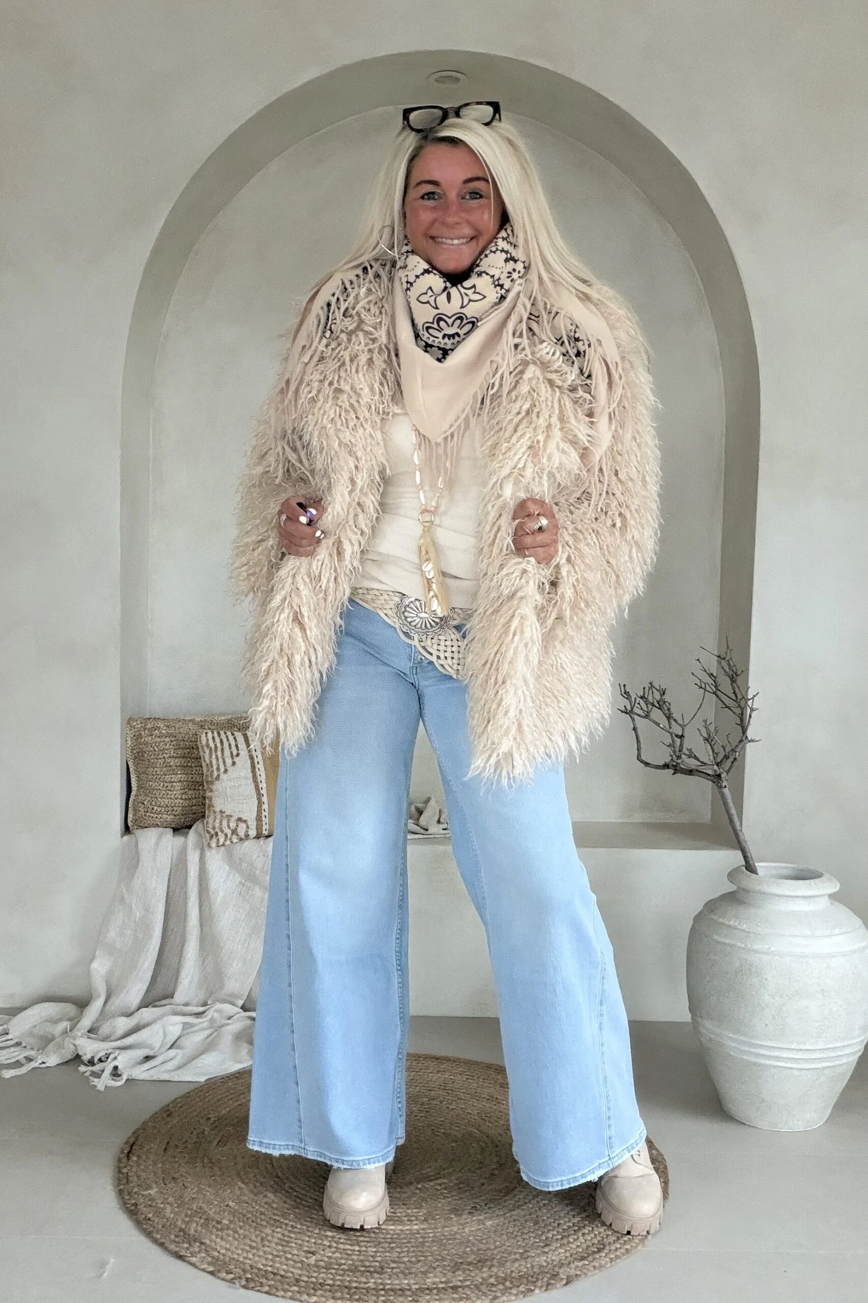 Sjaal Saria met Paisley en Franjes, Beige. - Afbeelding 4