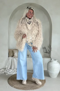 Boho Fake Fur jas Jessie Afghaanse stijl, Beige.