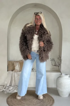 Boho Fake Fur jas Jessie Afghaanse stijl, Mocca Bruin.