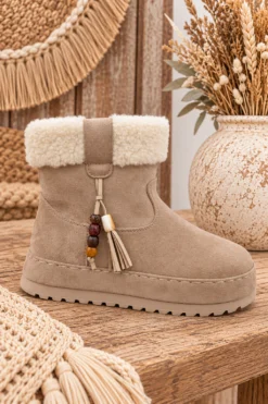 Boho Teddy Boots Tara met kraaltjes, Donker Zand.