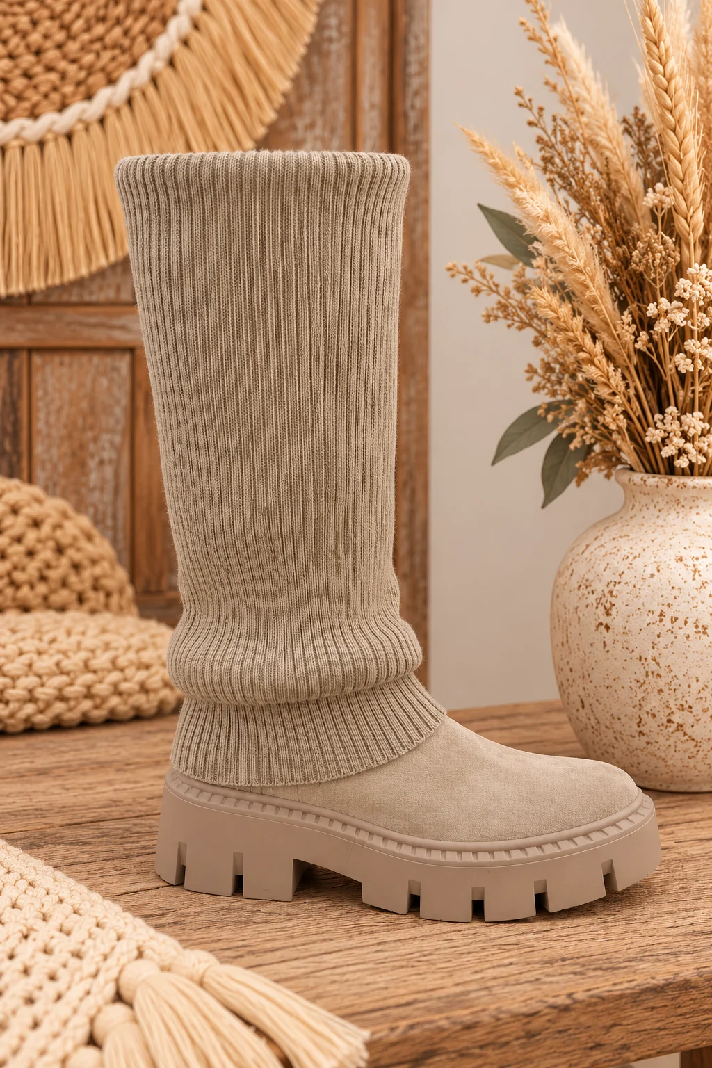 Slouchy Sockboots Sannie, Donker Zand/ Licht Taupe.