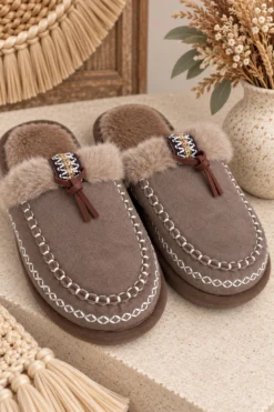 Boho Fluffy sloffen Bonnie, Taupe