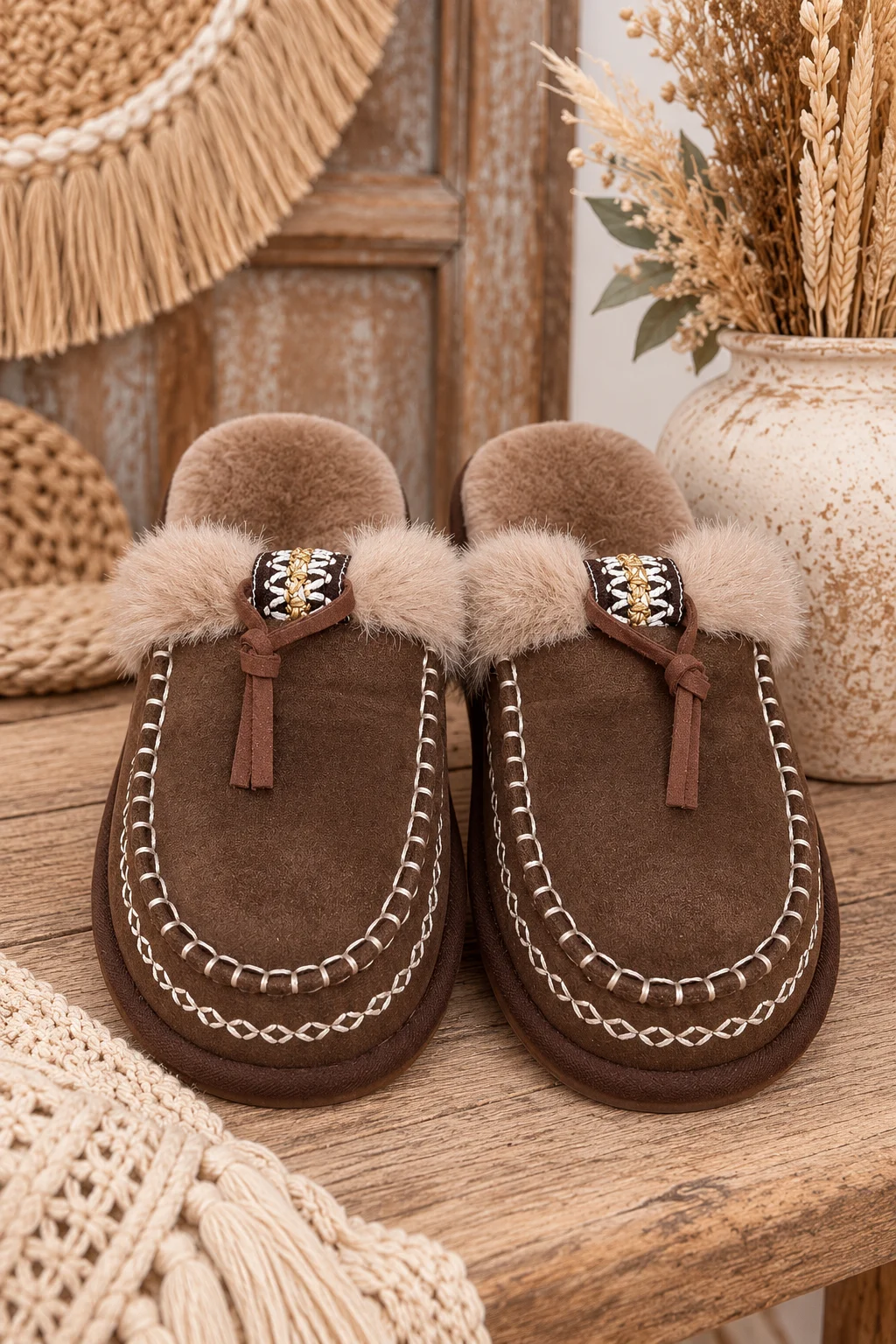 Boho Fluffy sloffen Bonnie, Choco.