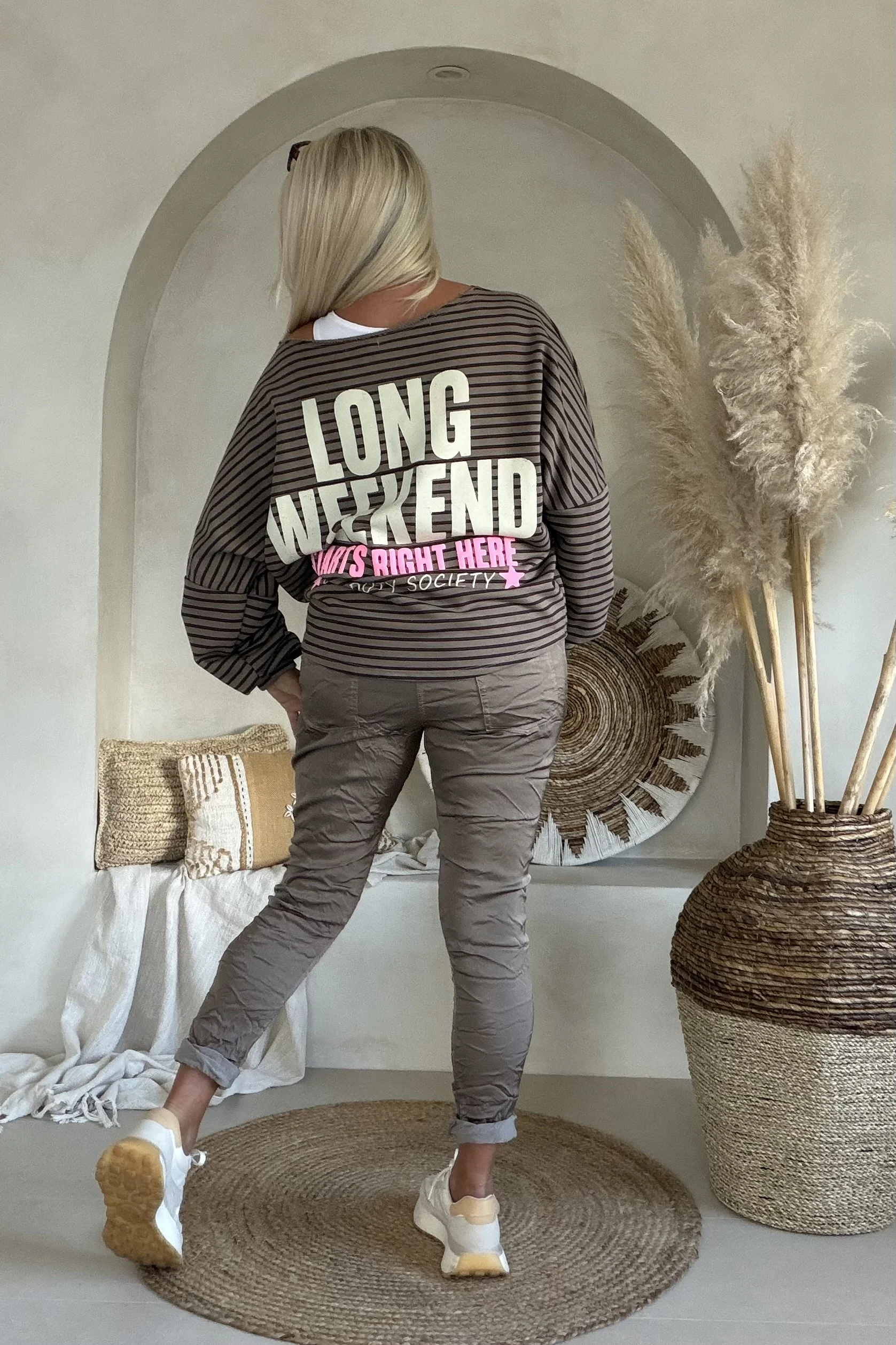 Sweat Lina "Long Weekend" Streep, Taupe/Bruin. - Afbeelding 2