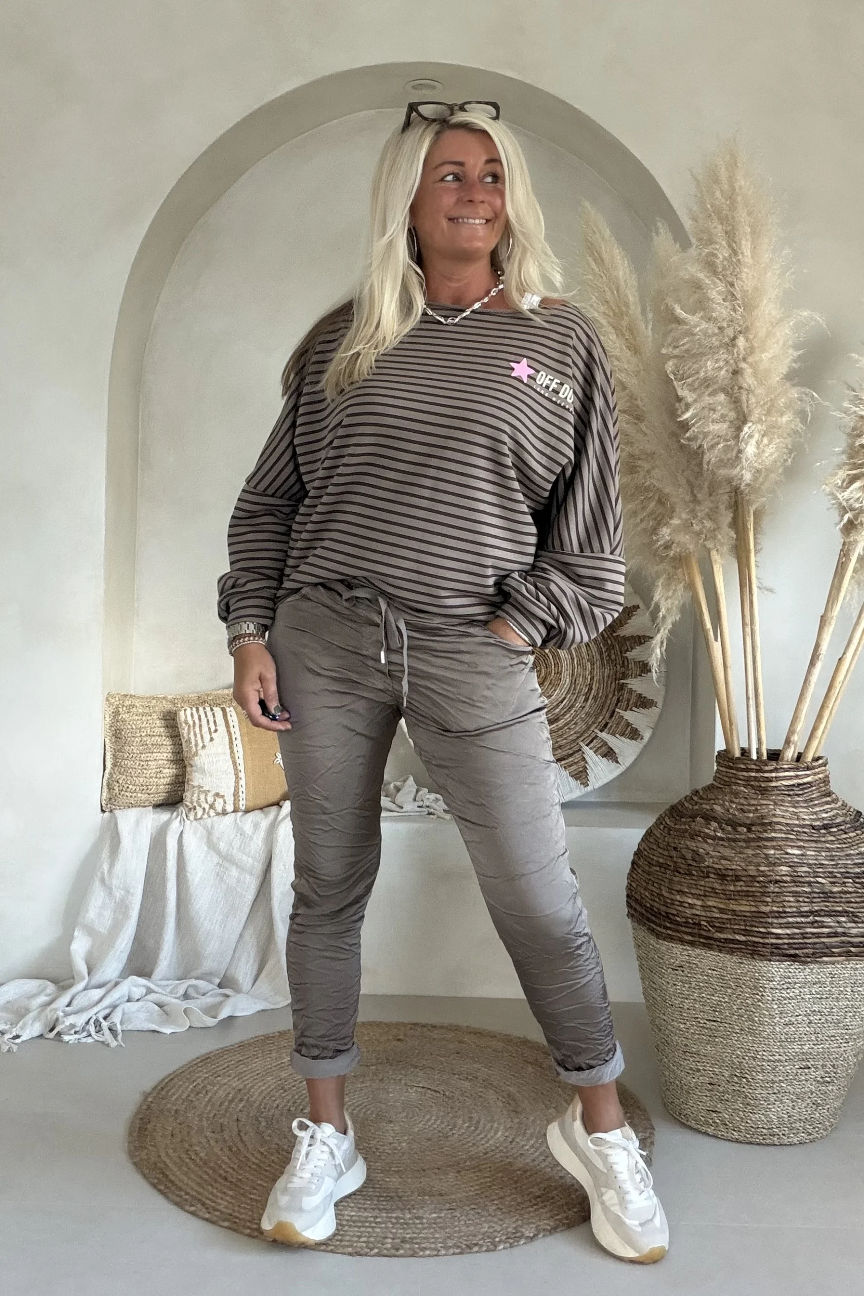 Sweat Lina "Long Weekend" Streep, Taupe/Bruin. - Afbeelding 6