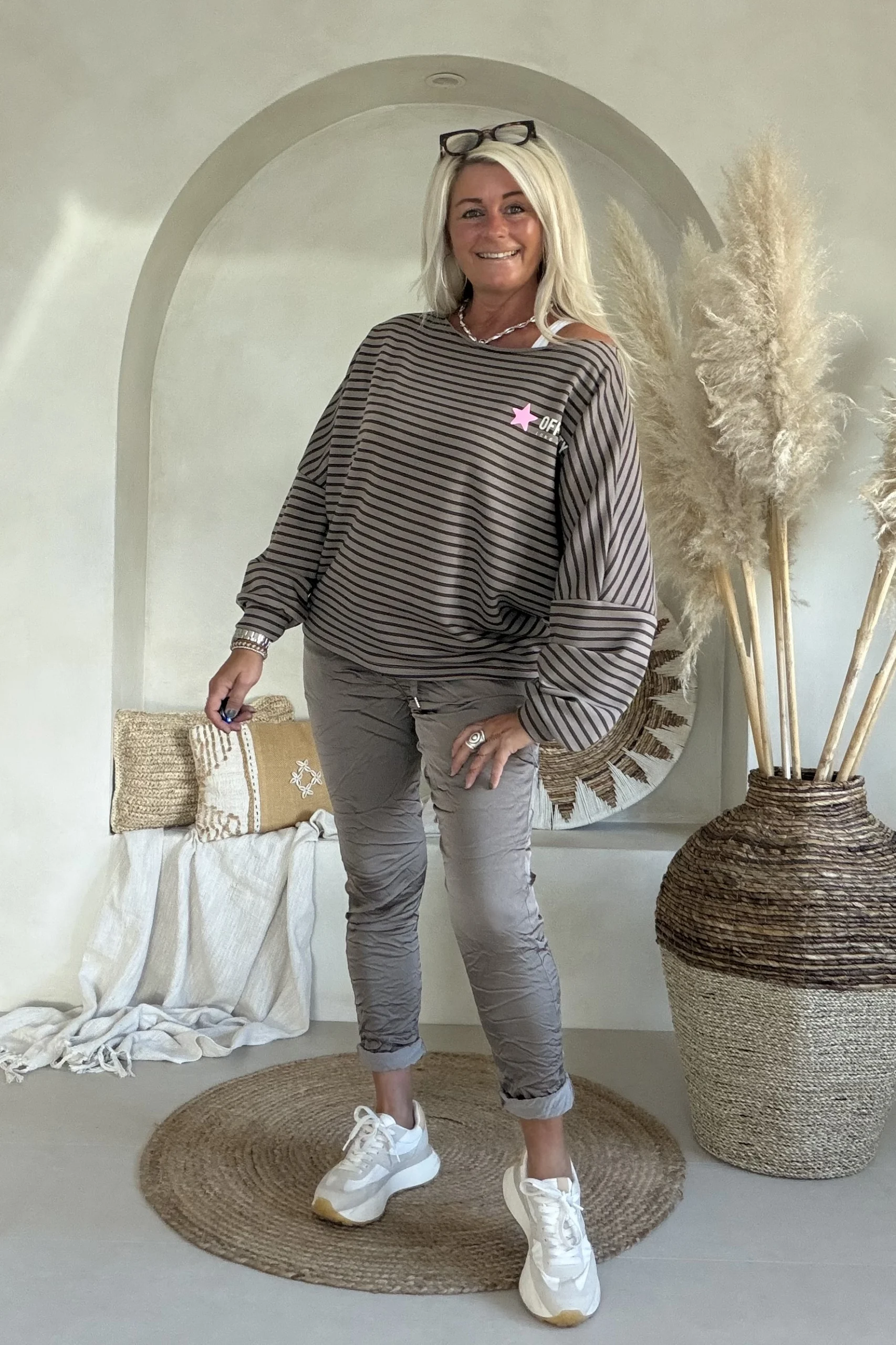 Sweat Lina "Long Weekend" Streep, Taupe/Bruin. - Afbeelding 4