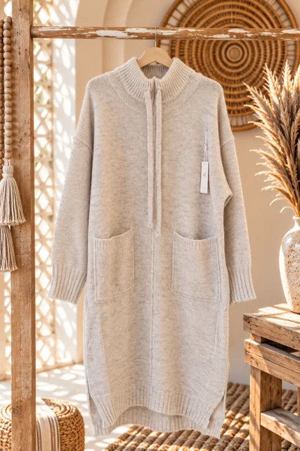 Trui Jurk Jentle met opstaande kraag, Zandbeige.