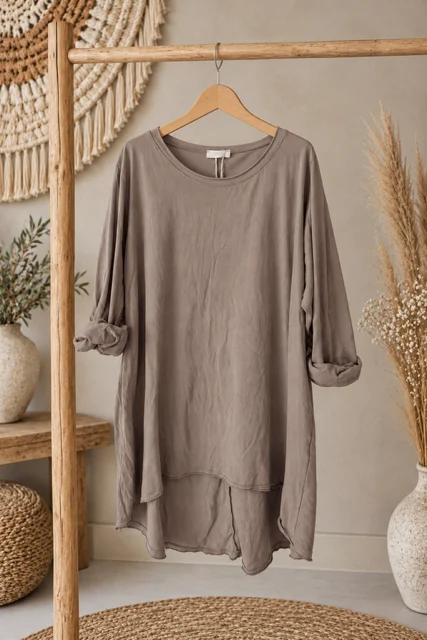 Longsleeve Shirt Mikki Vintage Look, Taupe.